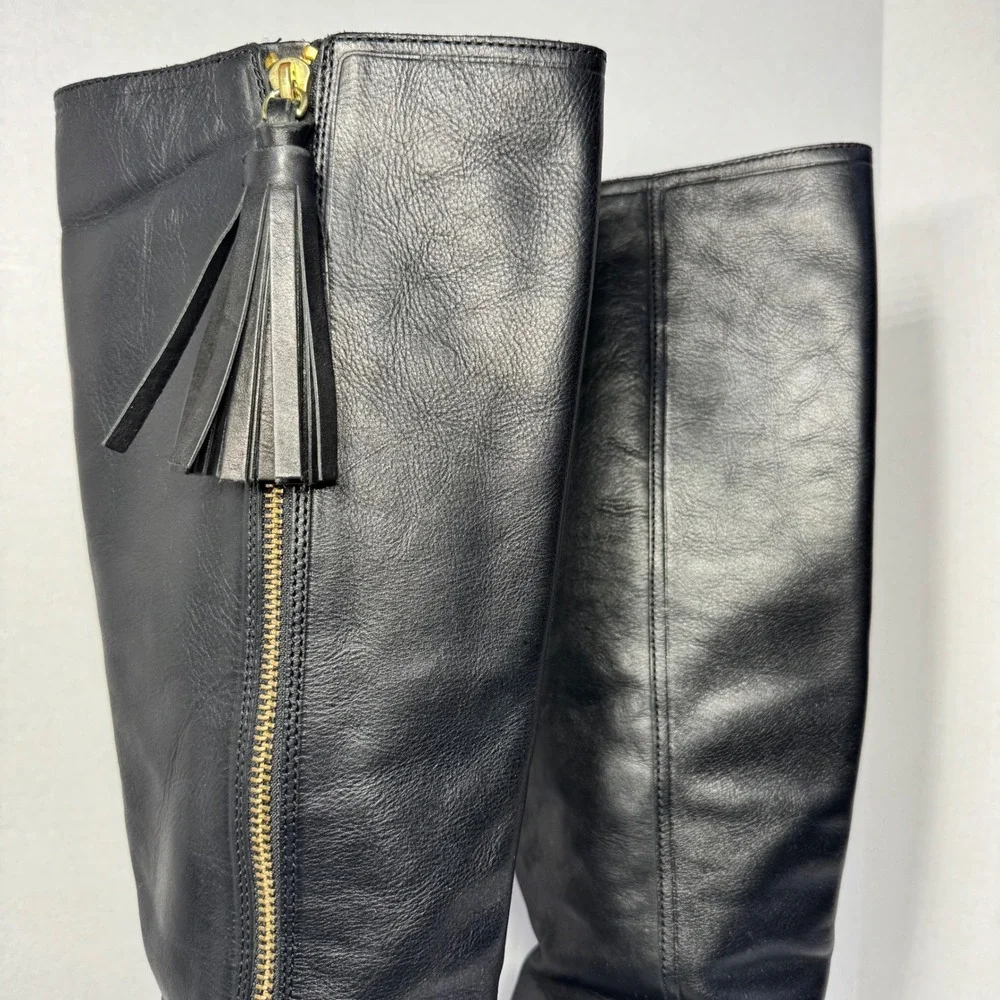 Coach Therese Black Leather Knee High Boots Gold Zip Tassel Block Heel Size 7.5B